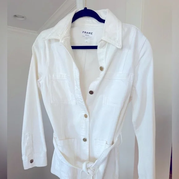 FRAME White Denim Gold ButtonBelted Utility Cargo Jean Jacket Size Medium NWOT - Picture 1 of 4